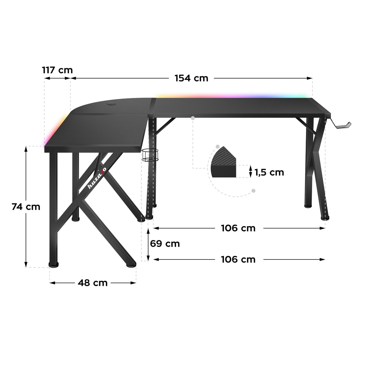 Huzaro Hero 6.3 RGB Gaming-Eckschreibtisch, Schwarz, 154 cm