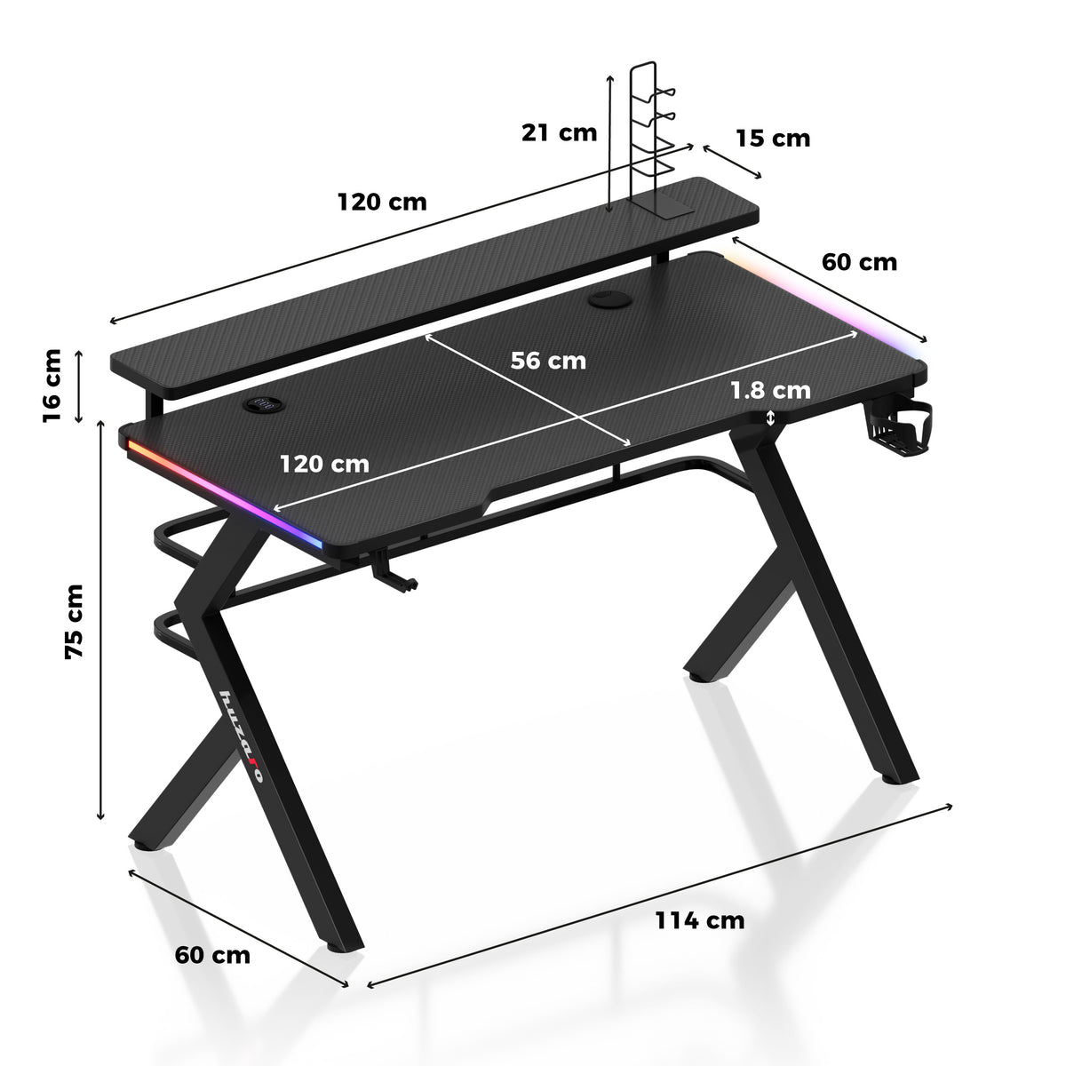Gaming-Schreibtisch Huzaro Hero 5.0 RGB LED Schwarz 120 cm