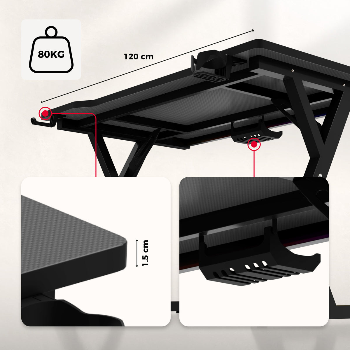 Gaming-Schreibtisch mit LED-Beleuchtung Huzaro Hero 2.4 RGB Black
