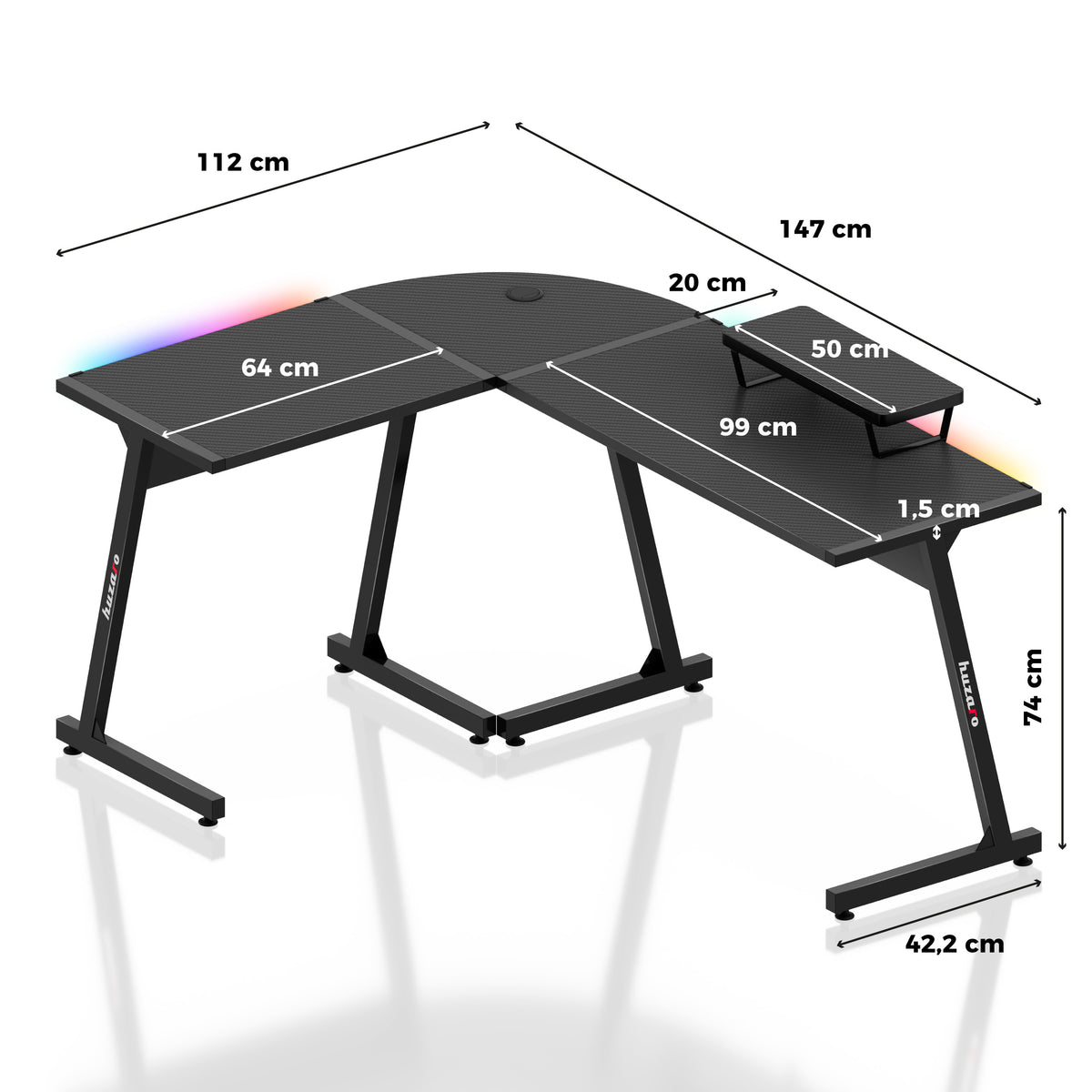 Gaming-Eckschreibtisch HUZARO Hero 6.0 RGB Smart Schwarz 147 cm
