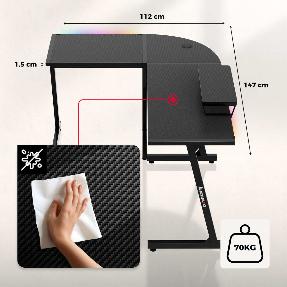 Gaming-Eckschreibtisch HUZARO Hero 6.0 RGB Smart Schwarz 147 cm