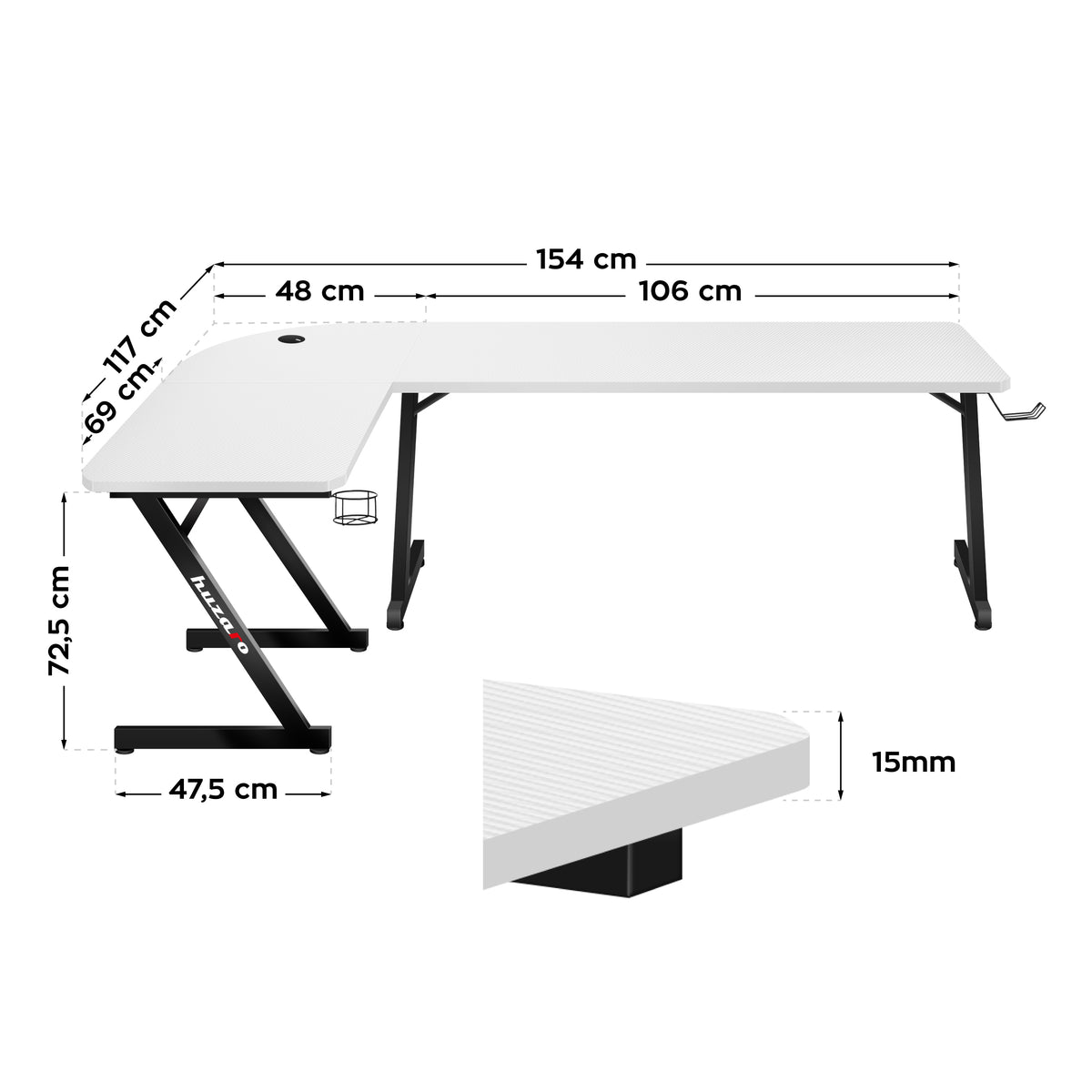 Gaming-Eckschreibtisch Huzaro Hero 7.0 Weiß 154 cm